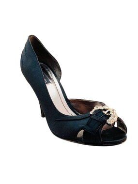 Style & Co Black Satin Peep Toe Heels With Rhinestone Embellishment